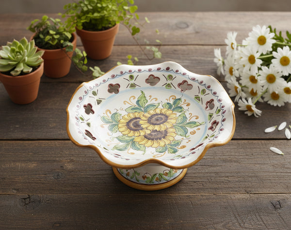 Medium ceramic stand centerpiece hand decorated by Sicilian ceramists sunflower art 4