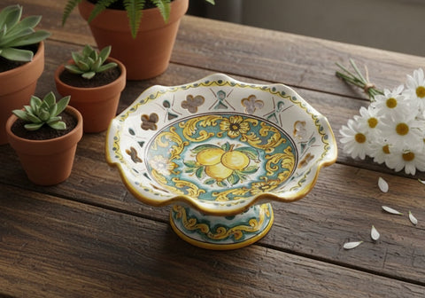 Centrotavola alzata media in ceramica decorata a mano da ceramisti siciliani limoni art 4