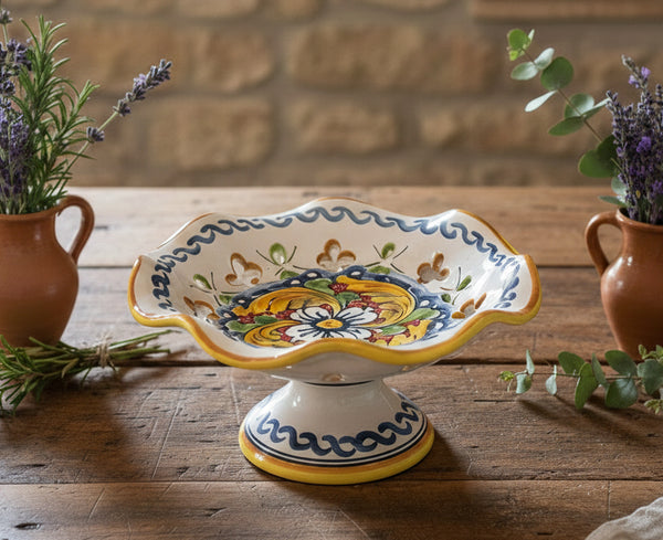 Centrotavola alzata piccola in ceramica decorata a mano da ceramisti siciliani fiore rosso art 5