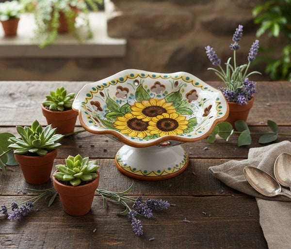 Centrotavola alzata piccola in ceramica decorata a mano da ceramisti siciliani girasole art 5