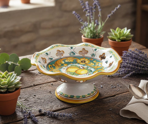 Centrotavola alzata piccola in ceramica decorata a mano da ceramisti siciliani limoni art 5