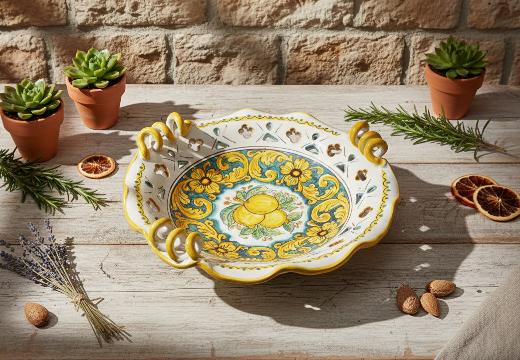 Centrotavola grande in ceramica decorata a mano da ceramisti siciliani limoni art 6