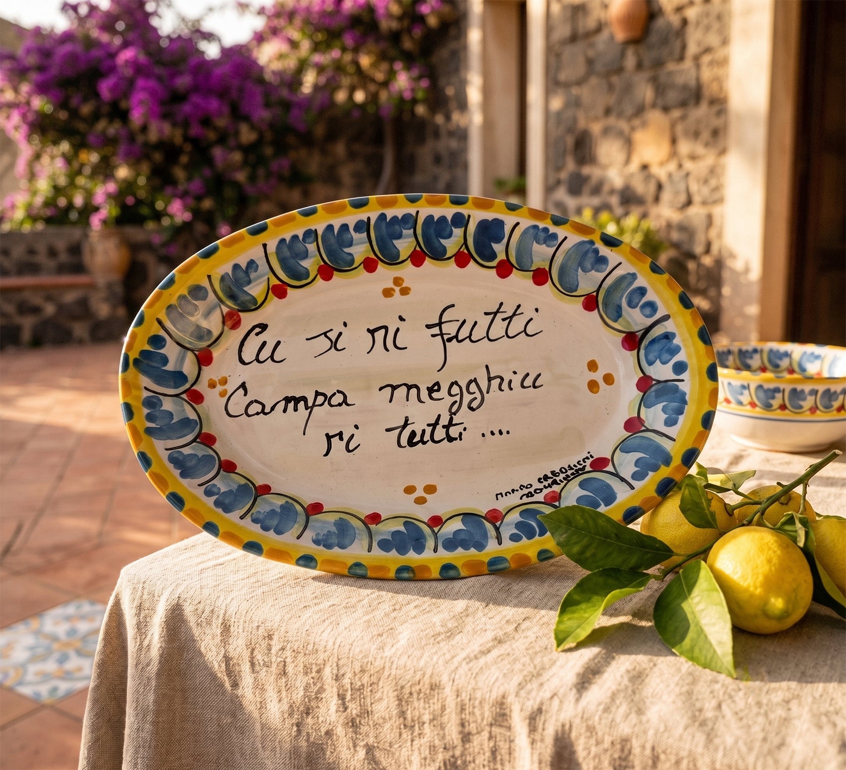 Vassoio proverbio siciliano in ceramica di Caltagirone decorato a mano art 7