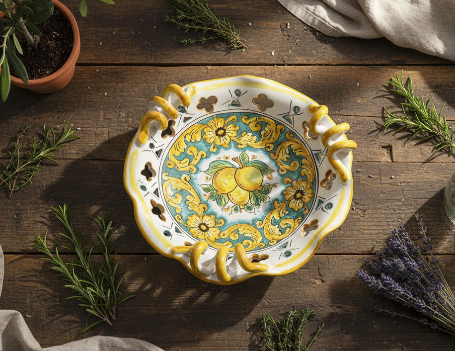 Centrotavola piccolo in ceramica decorata a mano da ceramisti siciliani limoni art 7