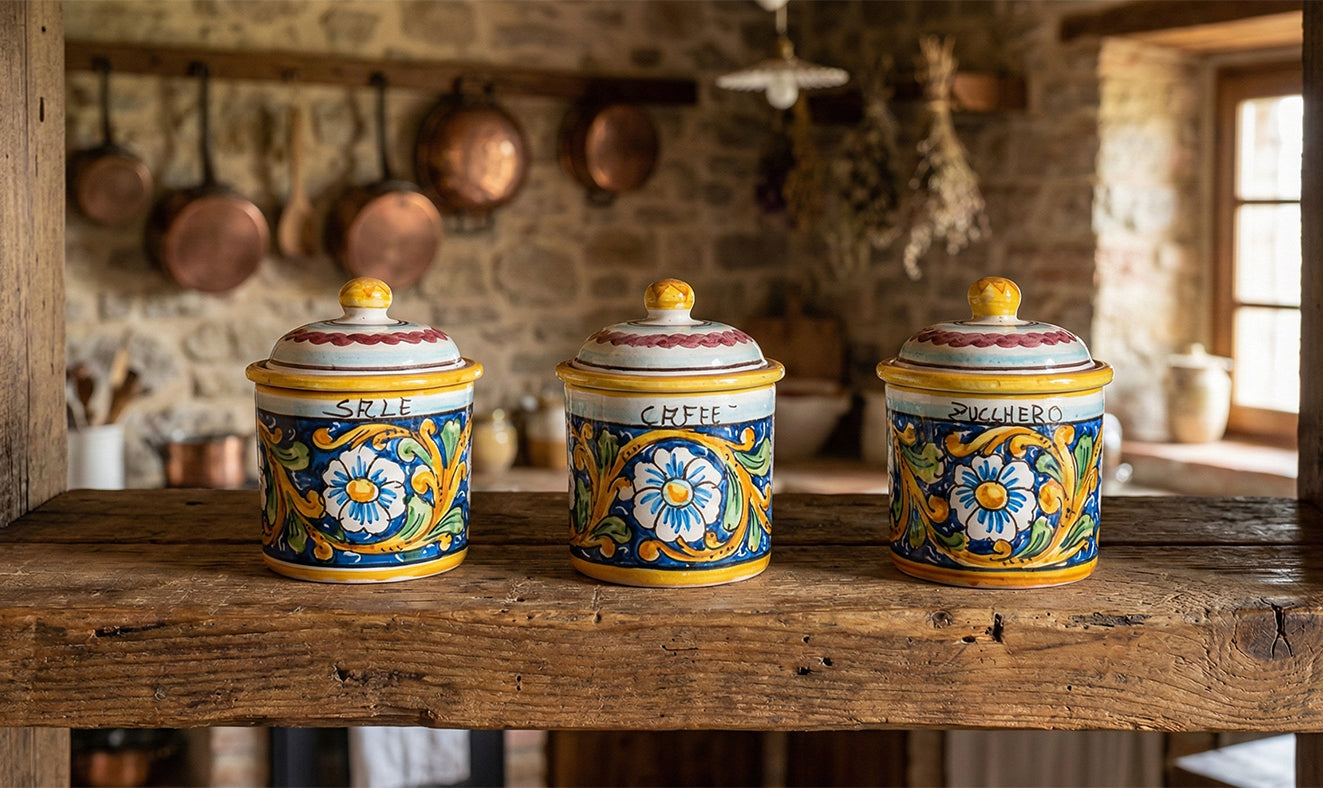 Tris 3 barattoli sale zucchero e caffè in ceramica decorata a mano da ceramisti siciliani barocco art 8