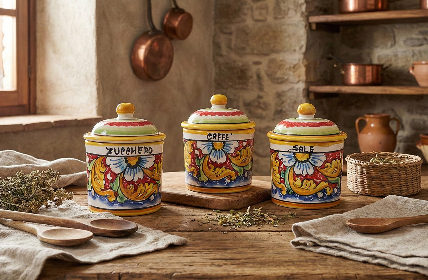 Tris 3 barattoli sale zucchero e caffè in ceramica decorata a mano da ceramisti siciliani fiore rosso art 8