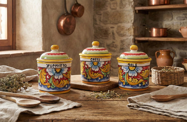 Tris 3 barattoli sale zucchero e caffè in ceramica decorata a mano da ceramisti siciliani fiore rosso art 8