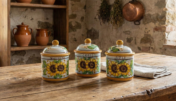 Tris 3 barattoli sale zucchero e caffè in ceramica decorata a mano da ceramisti siciliani girasole art 8