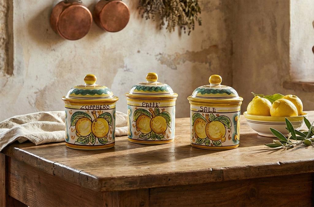 Tris 3 barattoli sale zucchero e caffè in ceramica decorata a mano da ceramisti siciliani limoni art 8