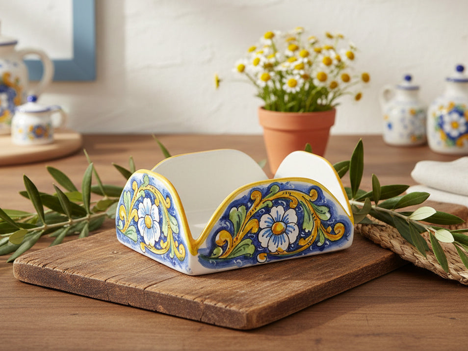 Portatovaglioli quadrato in ceramica decorata a mano da ceramisti siciliani barocco art 9