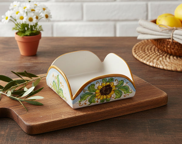 Portatovaglioli quadrato in ceramica decorata a mano da ceramisti siciliani girasole art 9