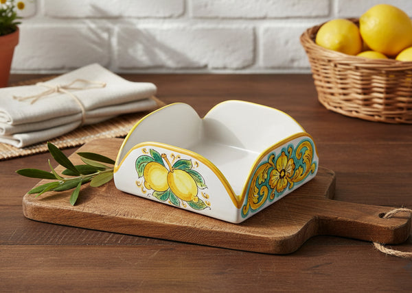 Portatovaglioli quadrato in ceramica decorata a mano da ceramisti siciliani limoni art 9