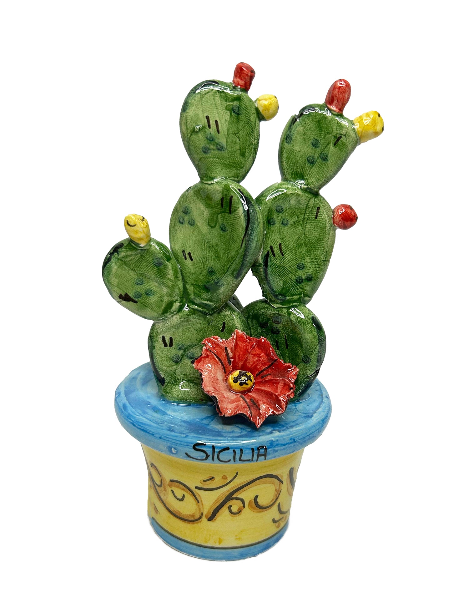 Piantina vaso ficodindia decorativo in ceramica di Caltagione realizzato a mano art. azzurro