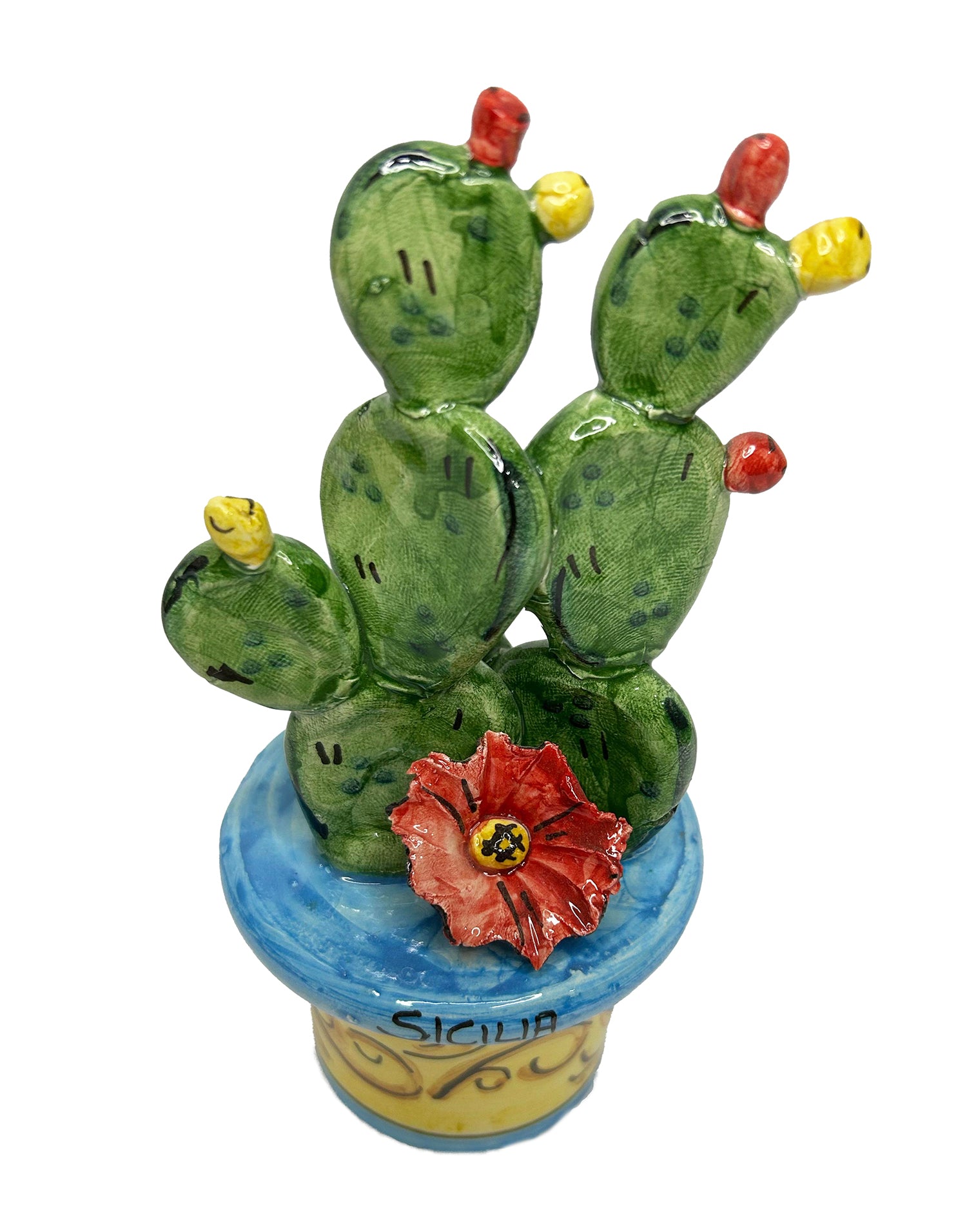 Piantina vaso ficodindia decorativo in ceramica di Caltagione realizzato a mano art. azzurro