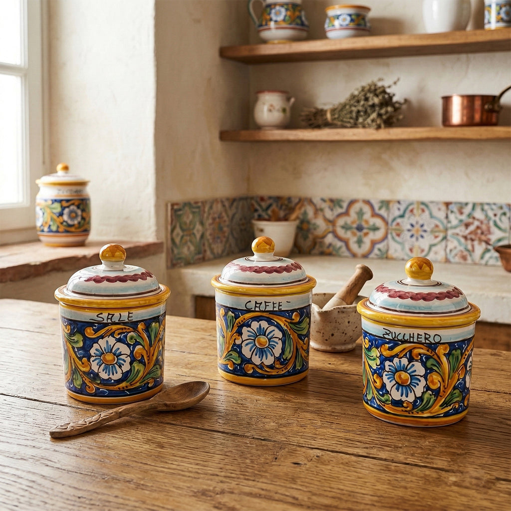 Tris 3 barattoli sale zucchero e caffè in ceramica decorata a mano da ceramisti siciliani barocco art 8