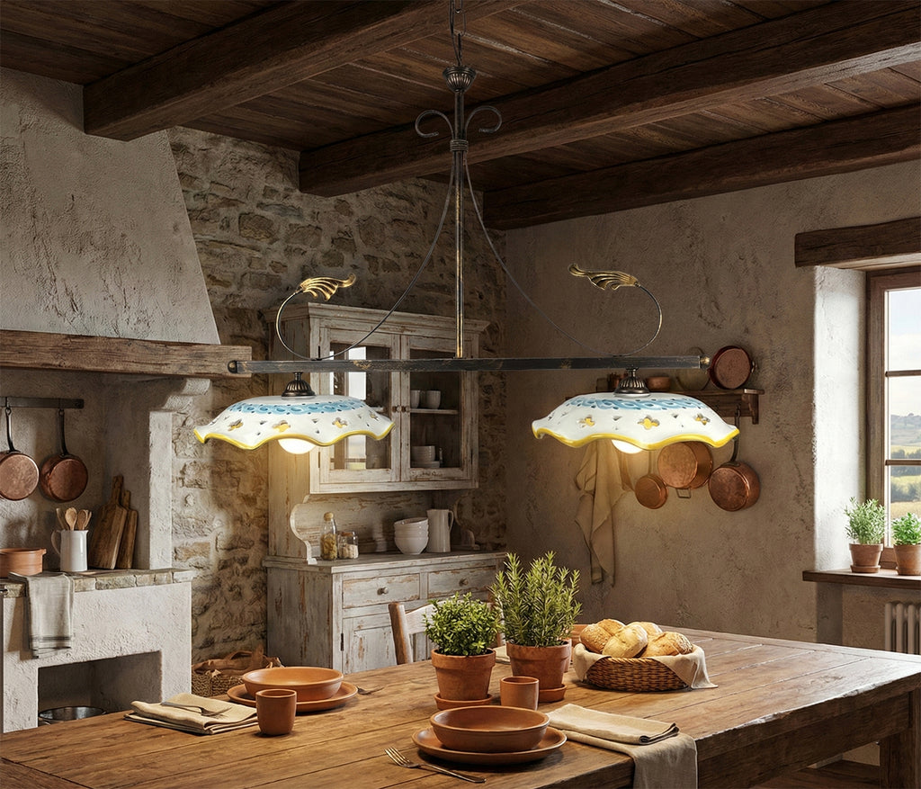 Lampadario a bilanciere 2 luci in ferro battuto e ceramica realizzato e decorato artigianalmente soggiorno cucina art. gomes