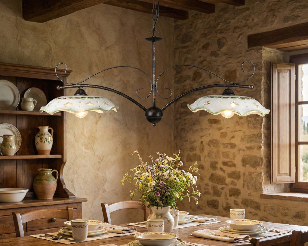 Lampadario a bilanciere 2 luci in ferro battuto e ceramica realizzato e decorato artigianalmente soggiorno cucina art. melograno