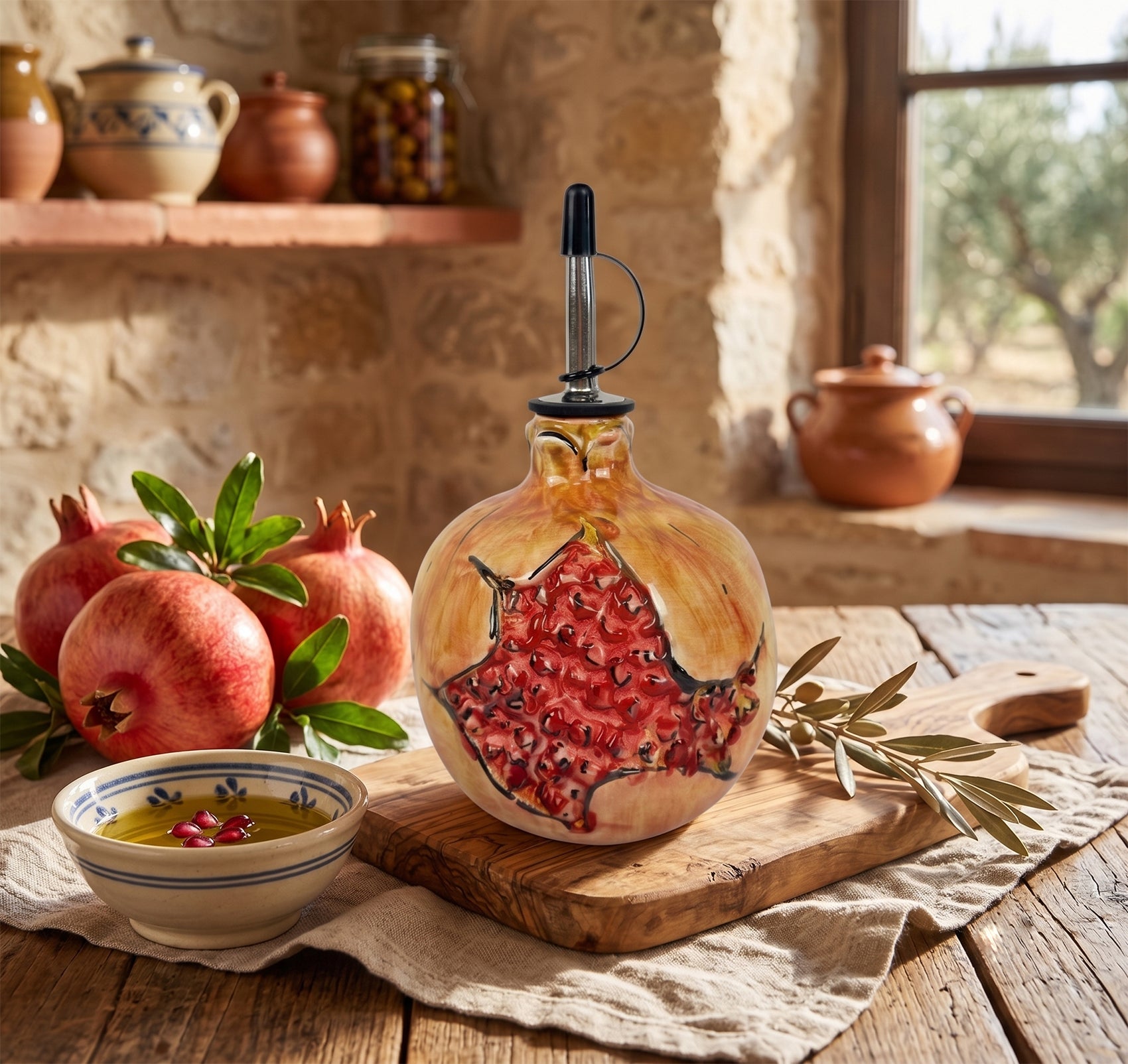 Bottiglia frutto melograno in ceramica siciliana di Caltagirone decorata a mano