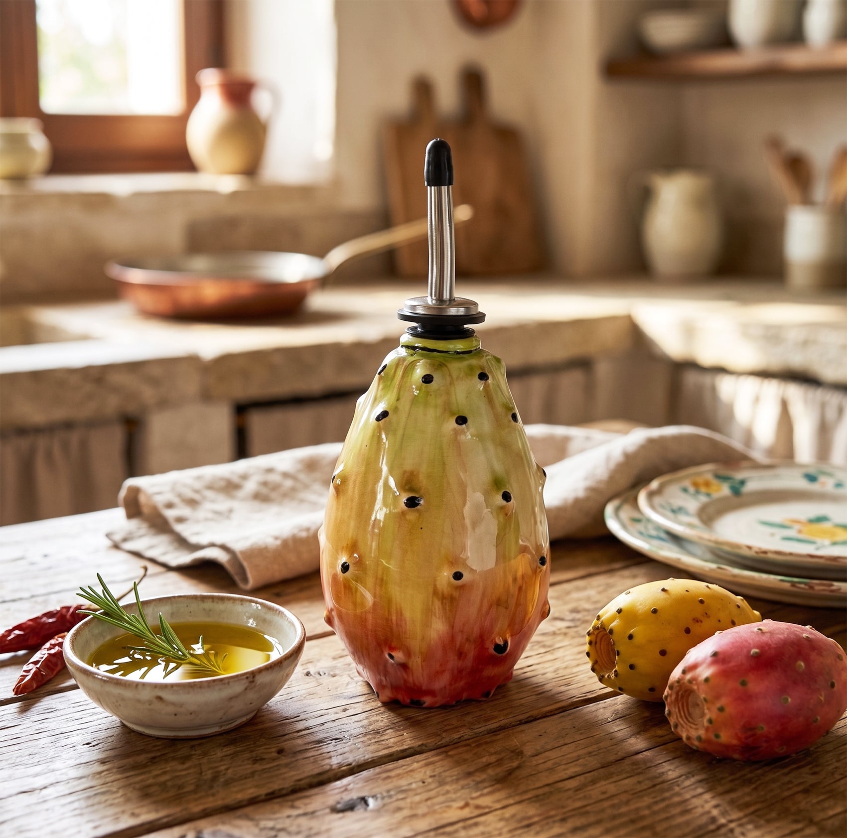 Bottiglia frutto ficodindia in ceramica siciliana di Caltagirone decorata a mano