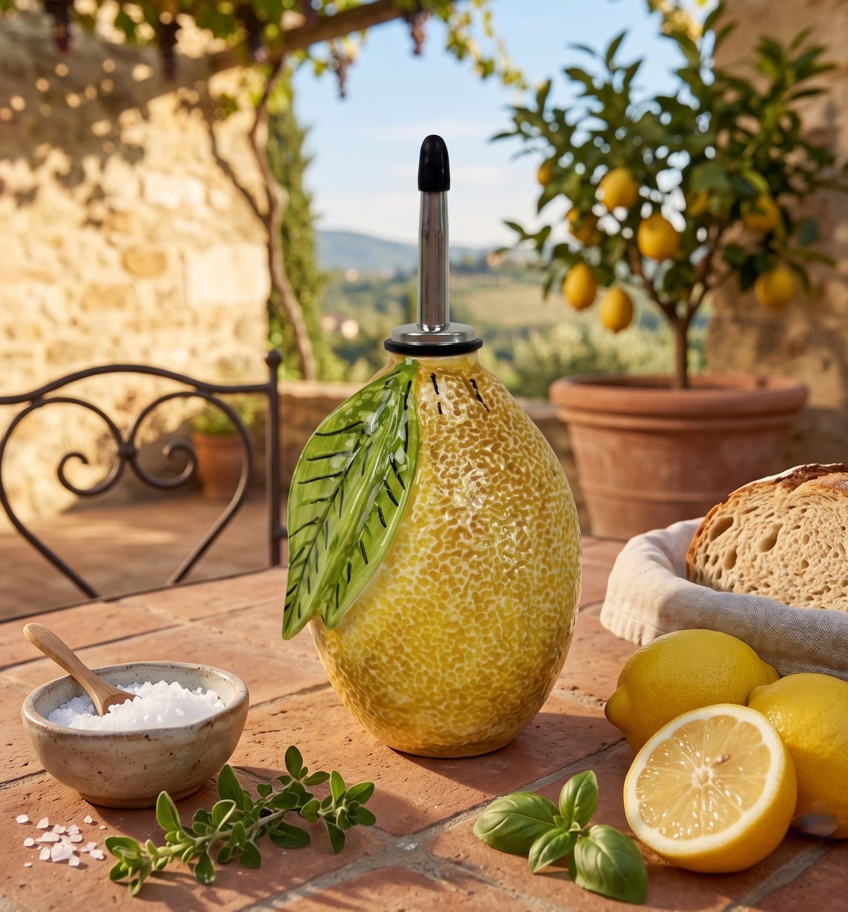 Bottiglia frutto limone in ceramica siciliana di Caltagirone decorata a mano
