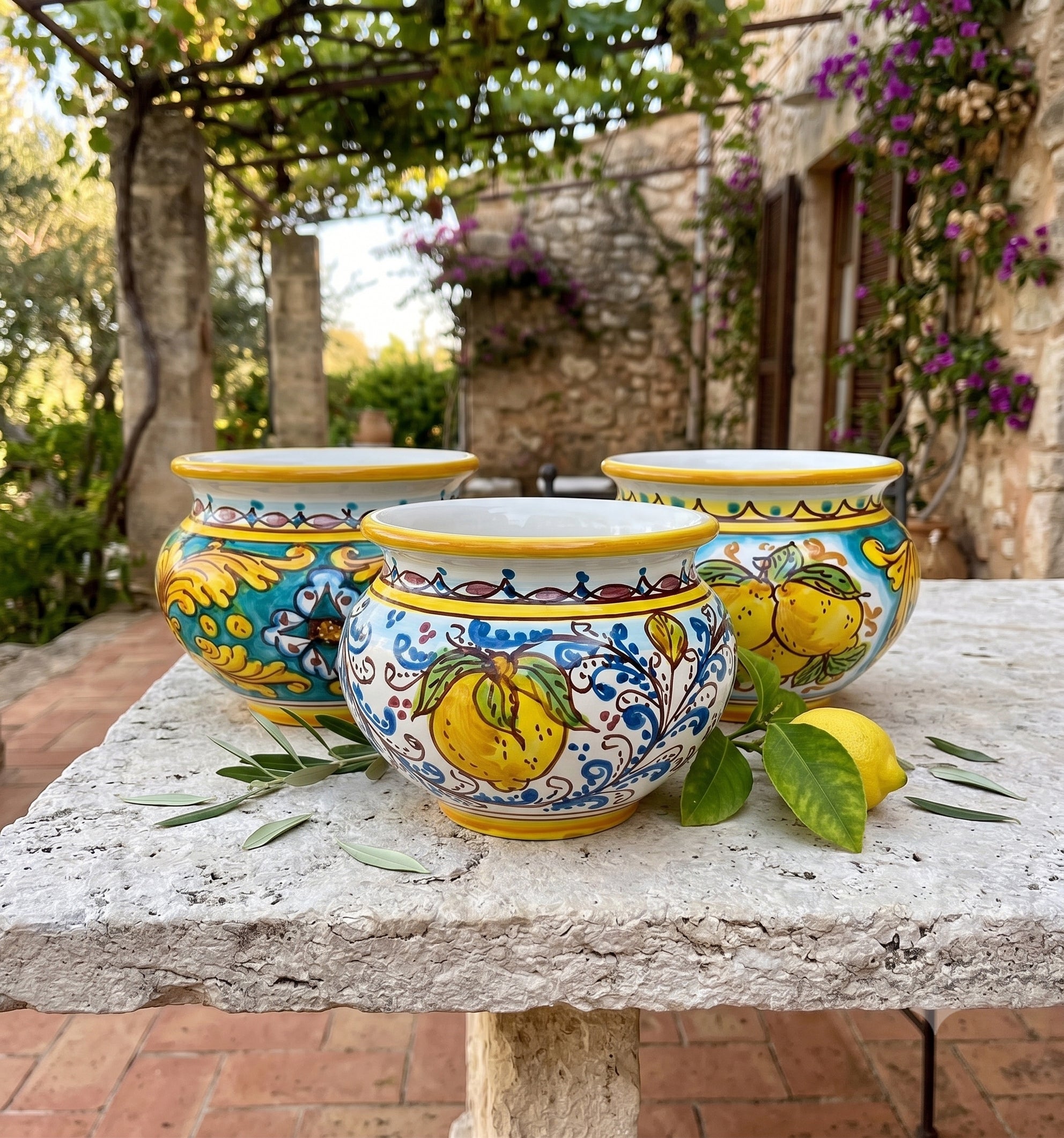 Cachepot vaso in ceramica siciliana realizzato e decorato a mano art. limoni D 15