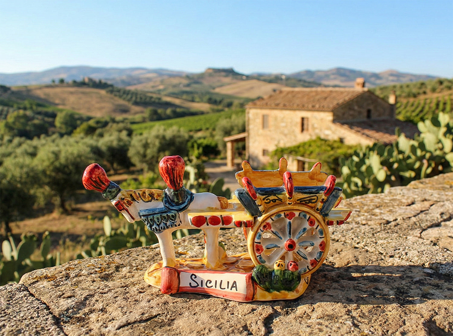 Sicilian cart in Sicilian ceramic from Caltagirone made and decorated by hand art orange 