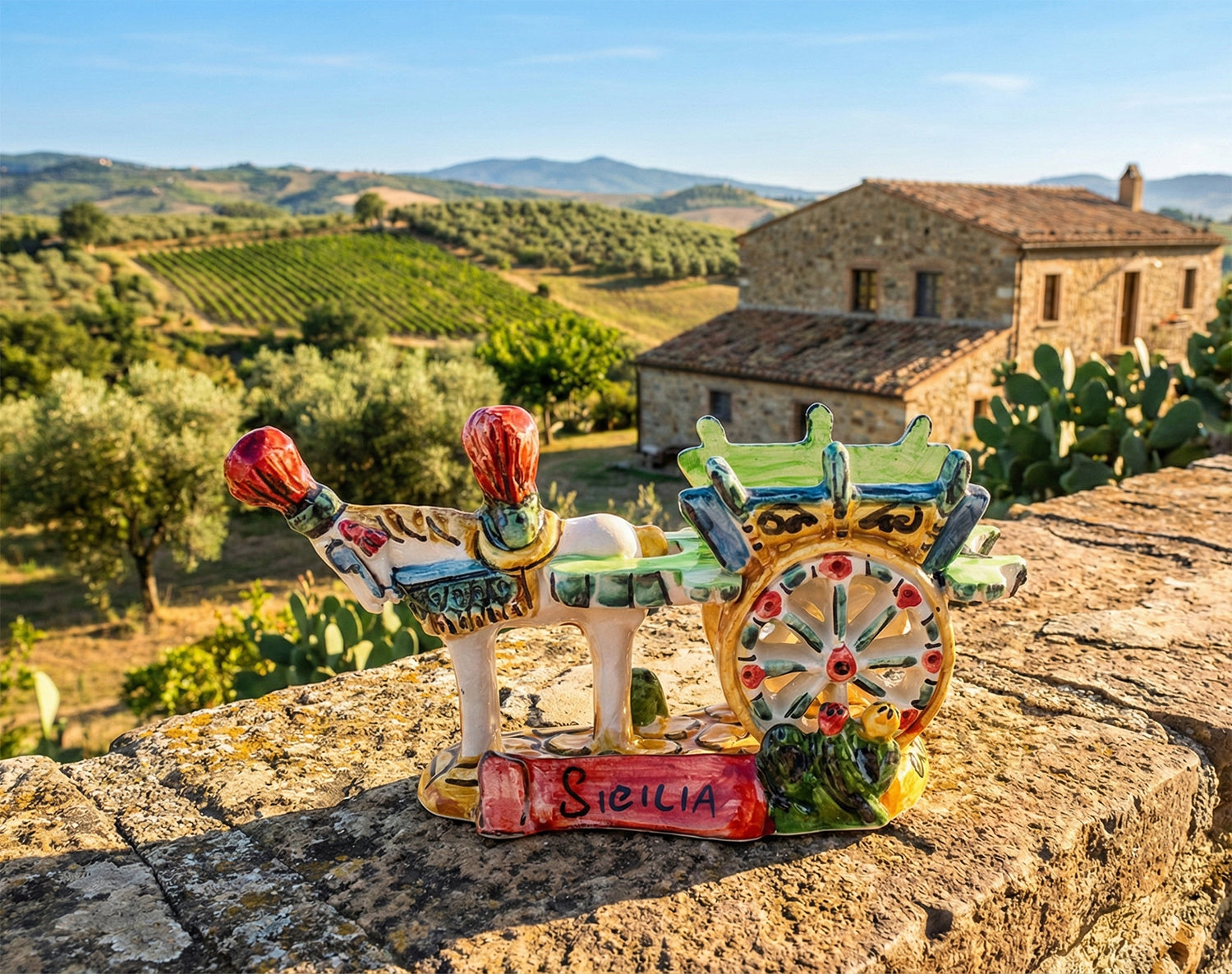 Carretto in ceramica siciliana di Caltagirone realizzato e decorato a mano art verde