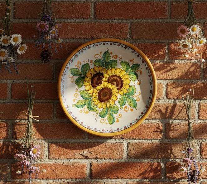 Medium ceramic plate hand decorated by Sicilian ceramists sunflower art 13