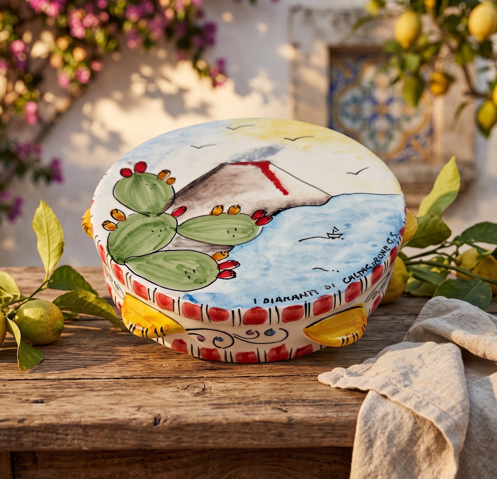 Tamburello tipico siciliano in ceramica di Caltagirone decorato a mano D23