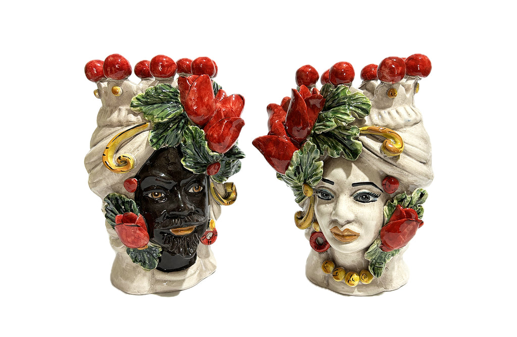 Coppia teste di moro in ceramica siciliana di Caltagirone h 20 cm art. tulipani rossi