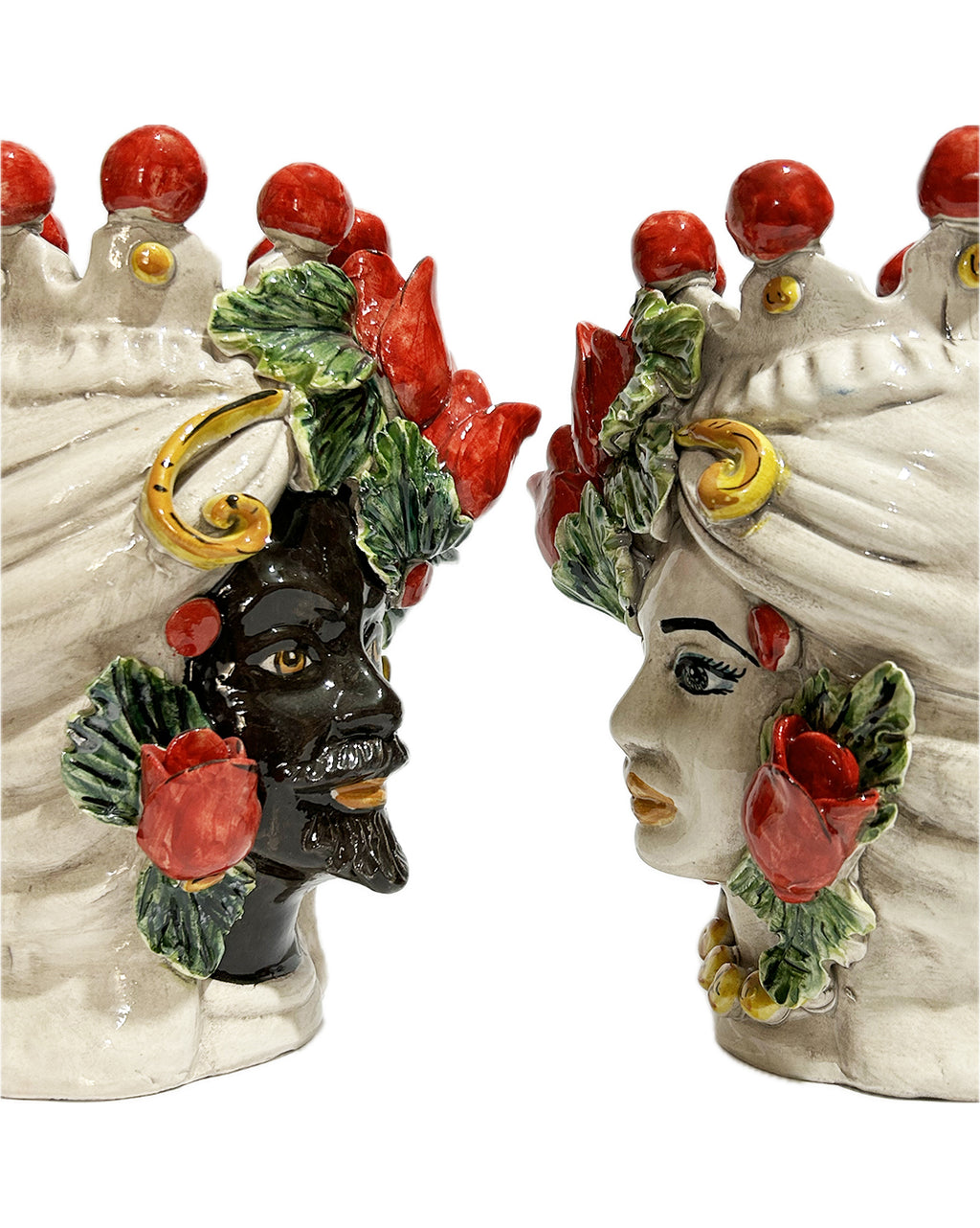 Coppia teste di moro in ceramica siciliana di Caltagirone h 20 cm art. tulipani rossi