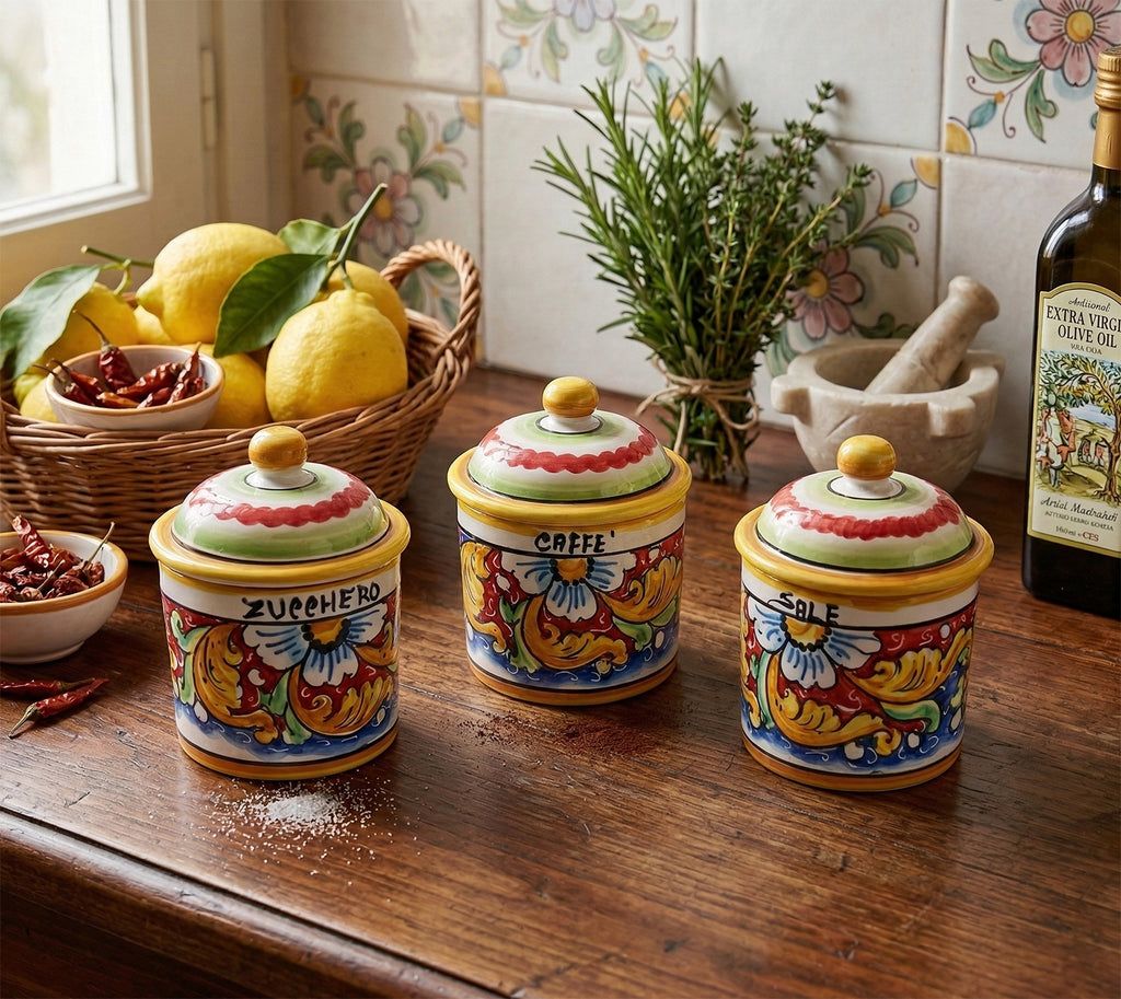 Tris 3 barattoli sale zucchero e caffè in ceramica decorata a mano da ceramisti siciliani fiore rosso art 8