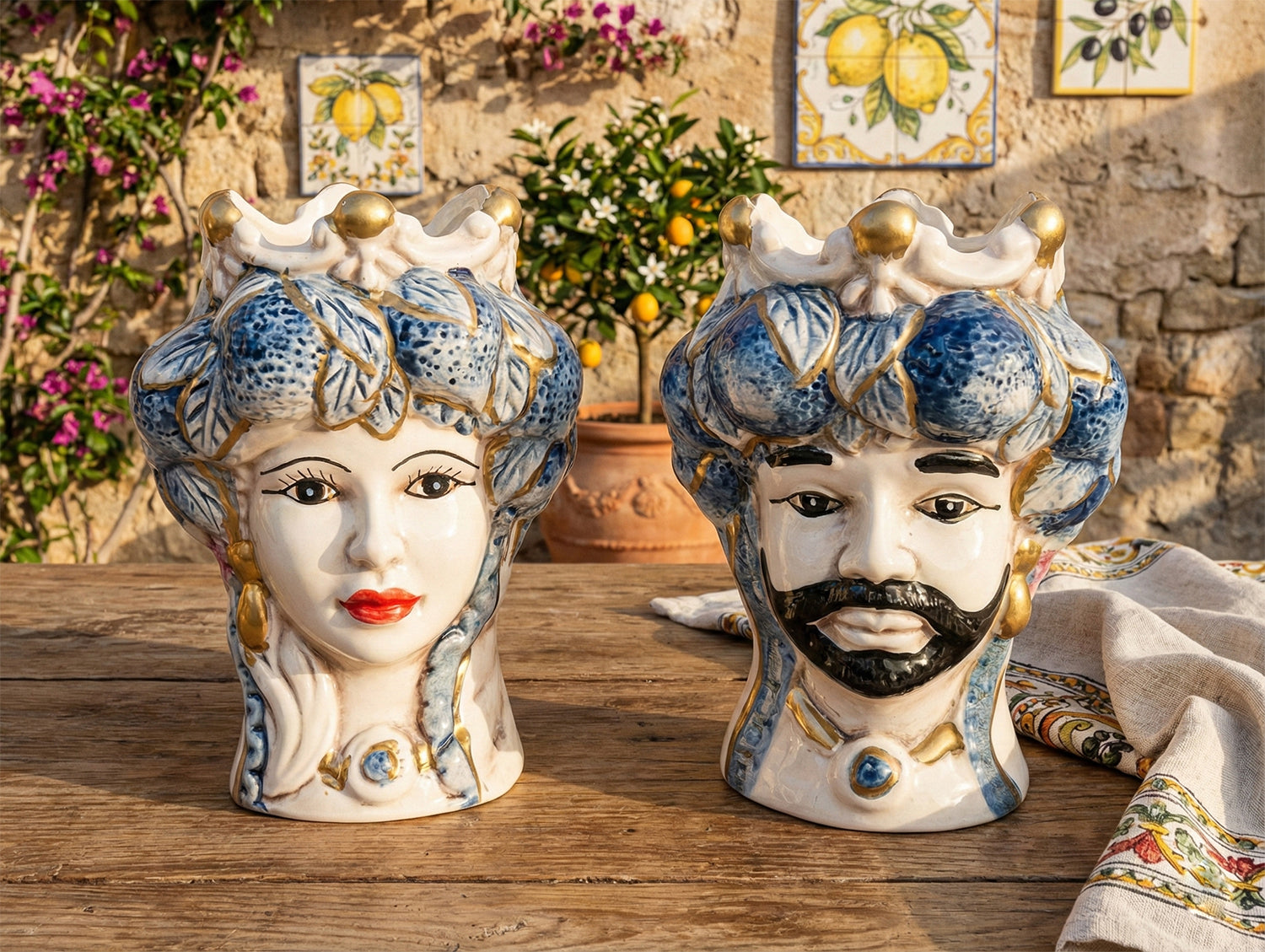 ILAB Pair of Moorish Heads Queen and King in Sicilian Ceramic Hand Decorated Blue and Gold Modern gic h25cm 