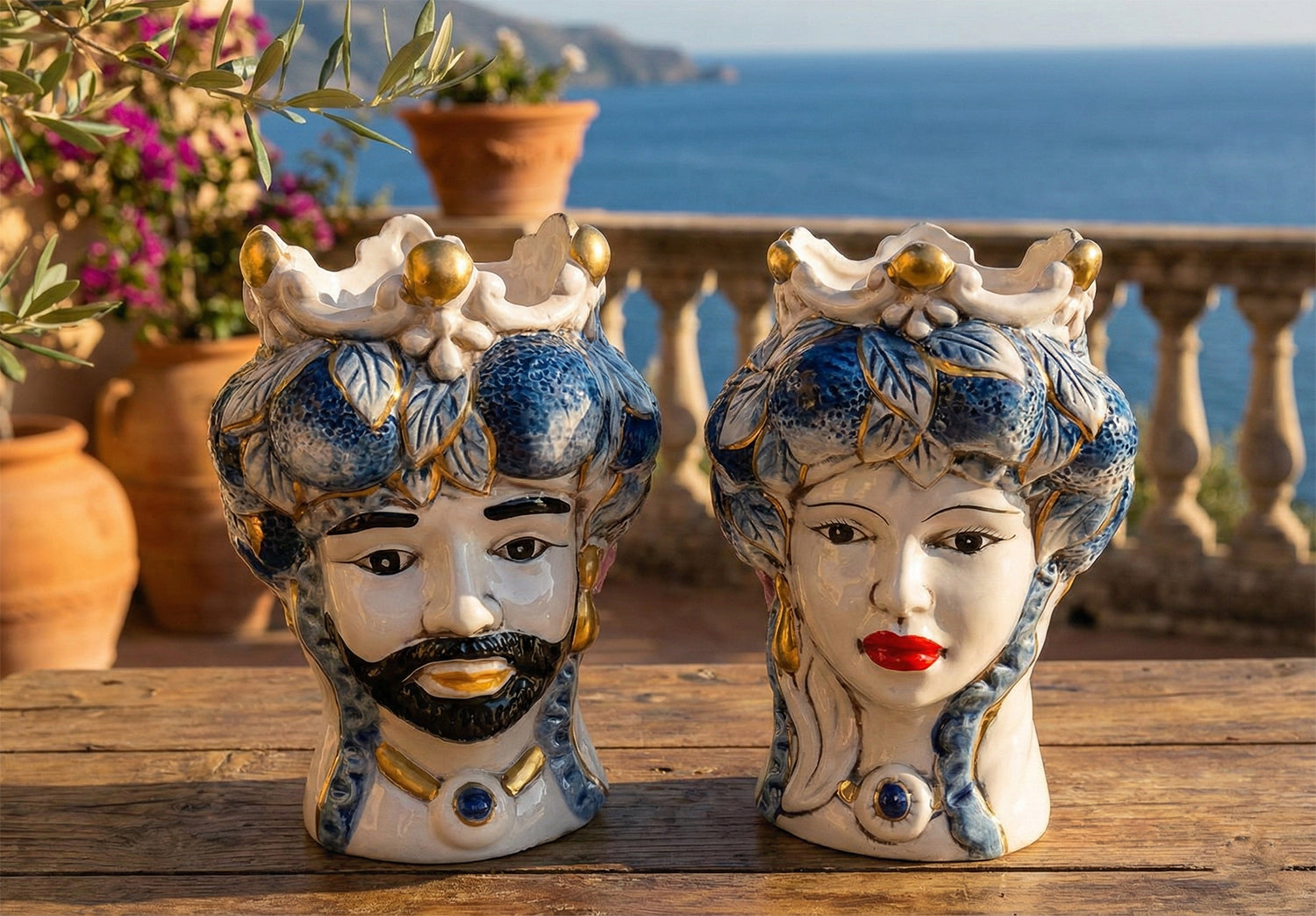 ILAB Pair of Moorish Heads Queen and King in Sicilian Ceramic Hand Decorated Blue and Gold Modern gic h25cm 