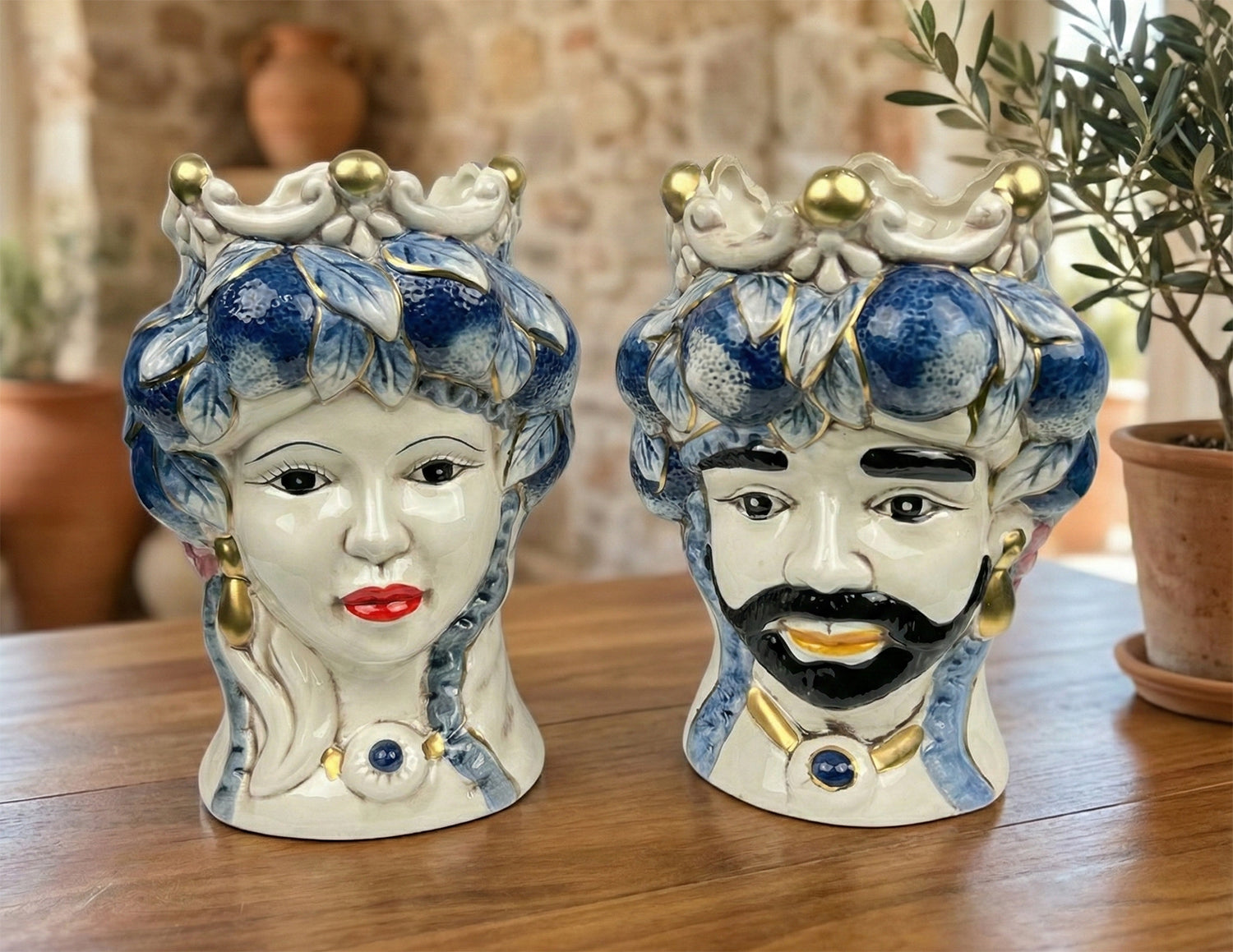 ILAB Pair of Moorish Heads Queen and King in Sicilian Ceramic Hand Decorated Blue and Gold Modern gic h25cm 
