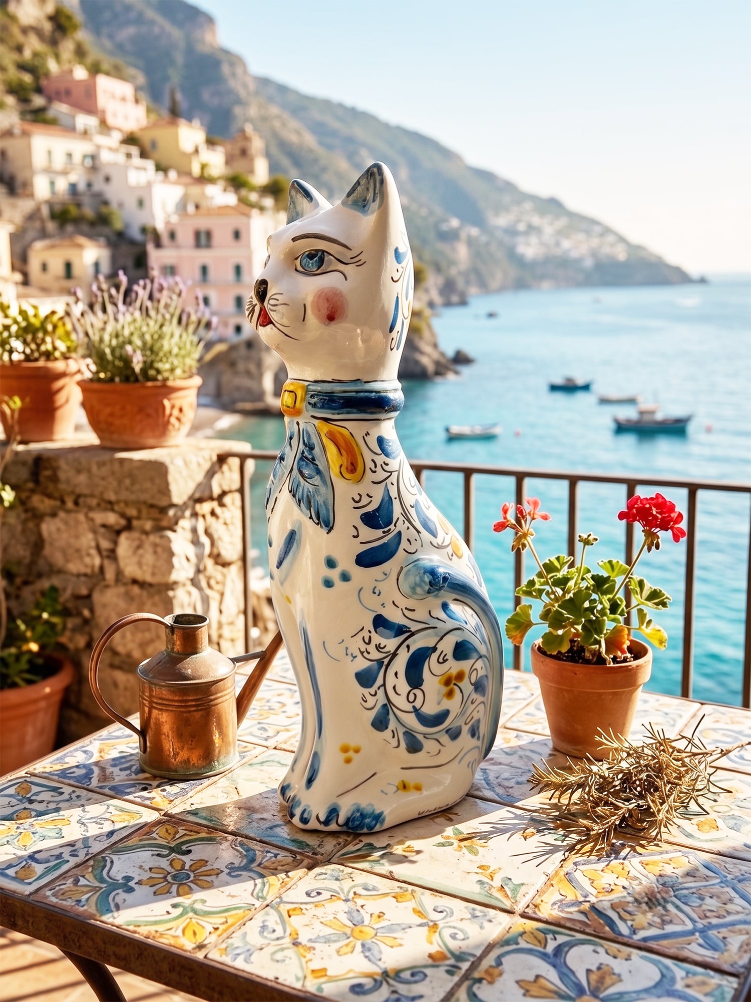 Large Sicilian ceramic cat from Caltagirone, one-of-a-kind, hand-decorated piece.