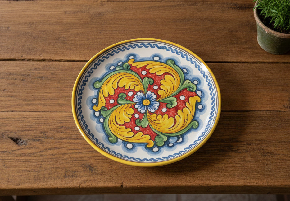 Piatto grande in ceramica decorata a mano da ceramisti siciliani fiore rosso art 12