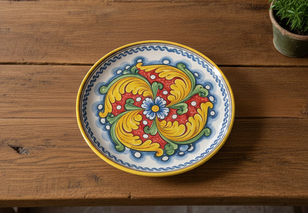 Large ceramic plate hand decorated by Sicilian ceramists red flower art 12