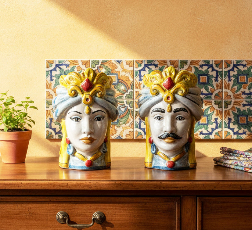 Pair of Sicilian ceramic Moor's heads from Caltagirone h15cm art. fruit 