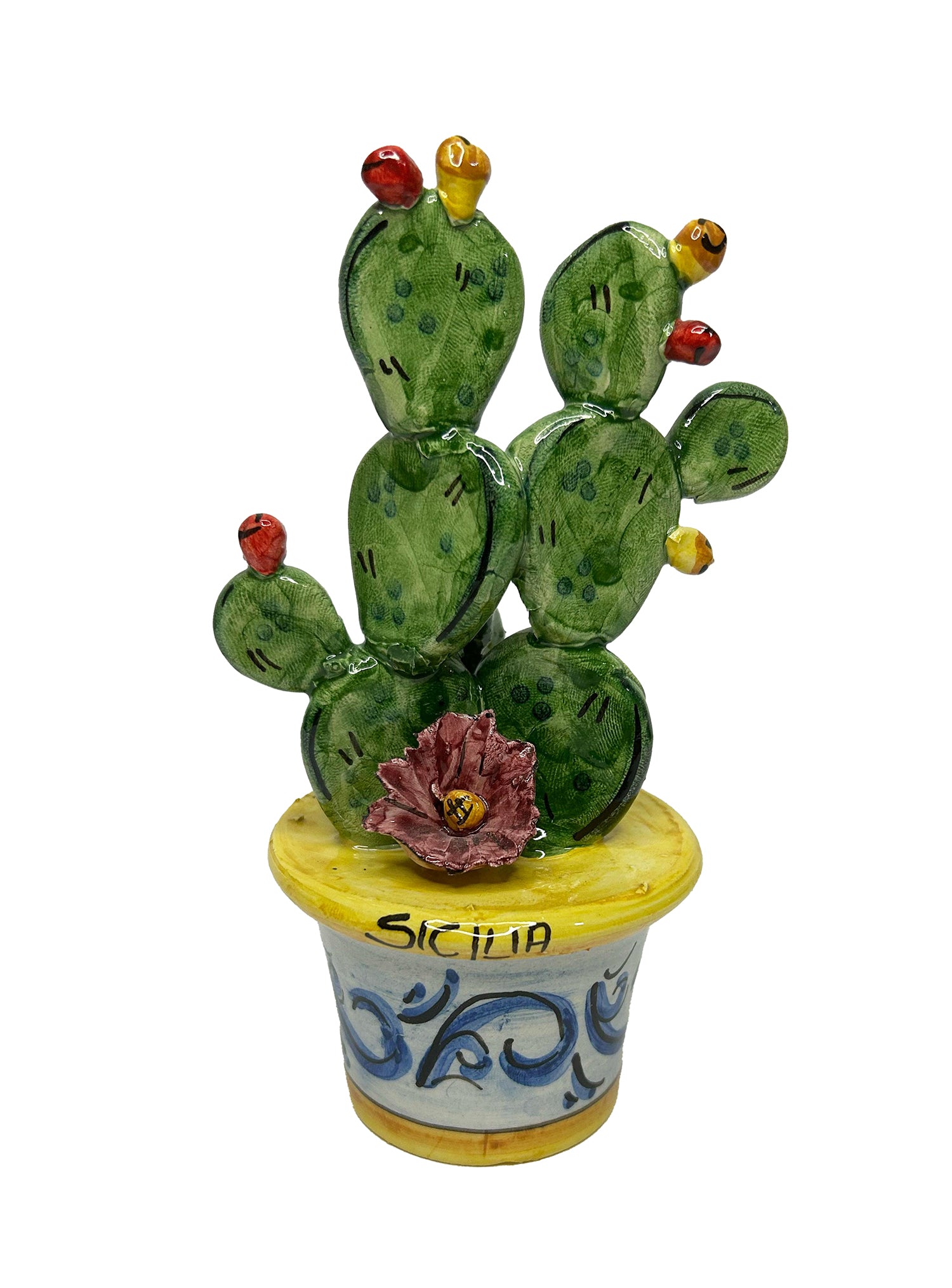 Piantina vaso ficodindia decorativo in ceramica di Caltagione realizzato a mano art. giallo
