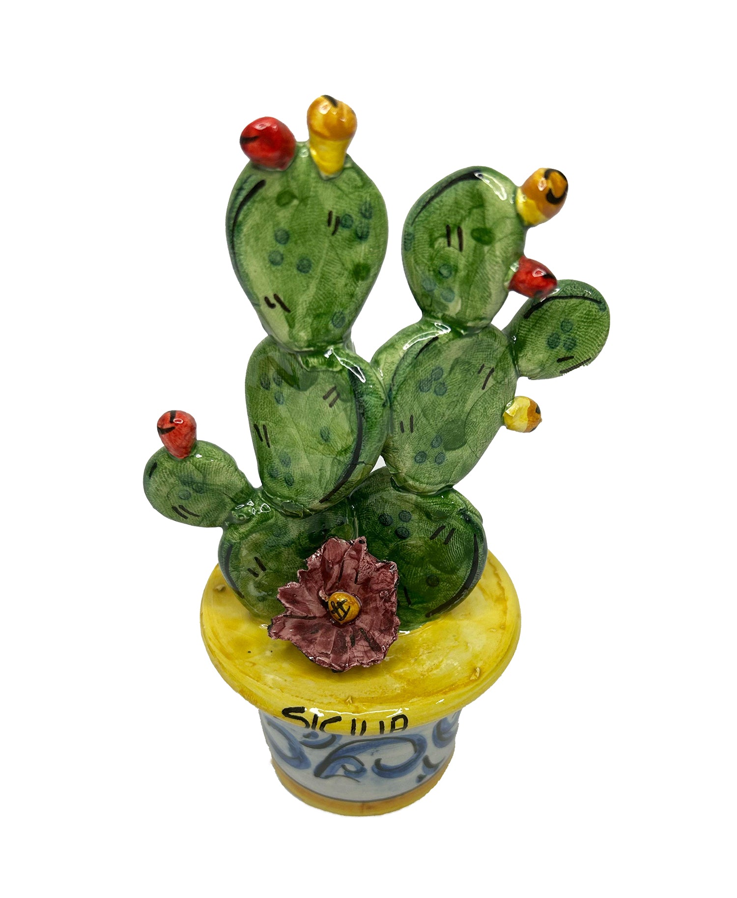 Piantina vaso ficodindia decorativo in ceramica di Caltagione realizzato a mano art. giallo