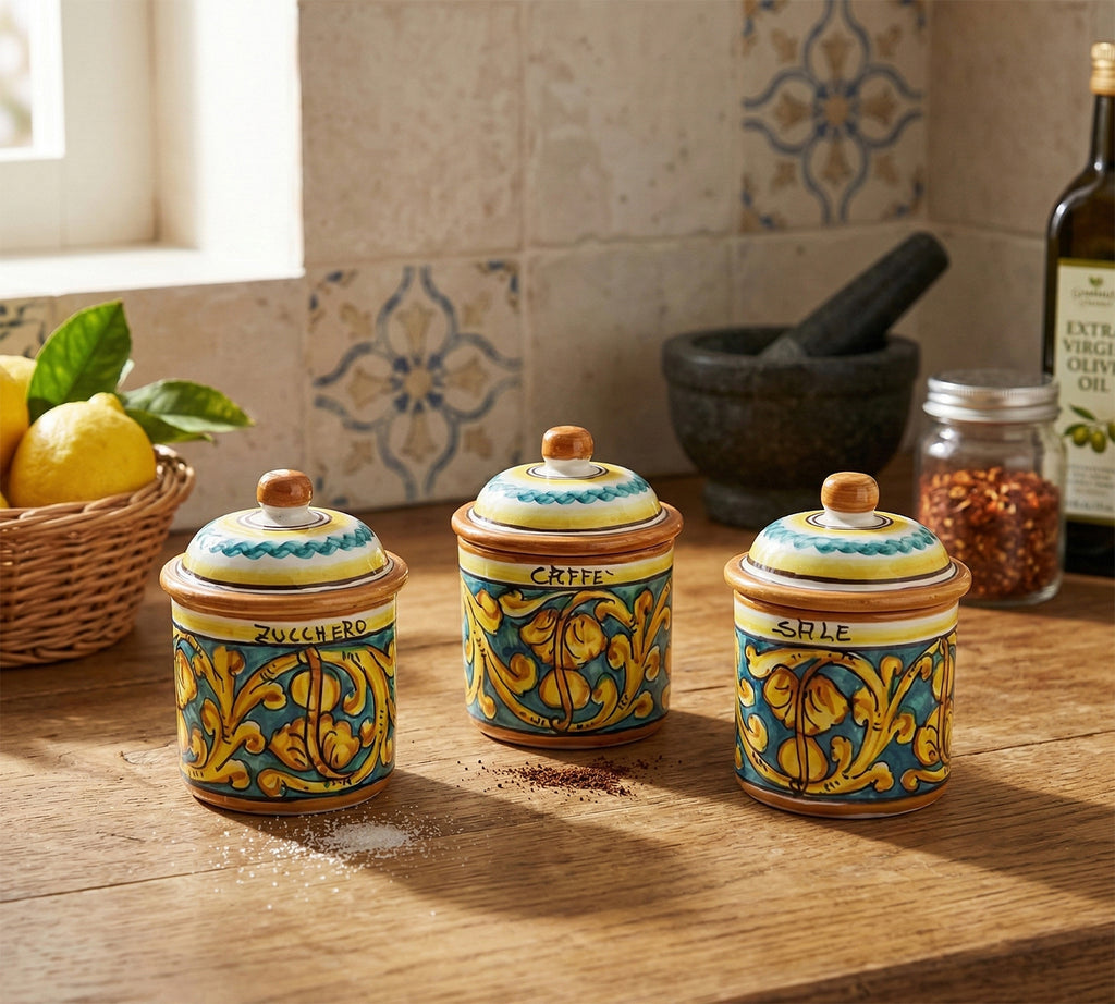Tris 3 barattoli sale zucchero e caffè in ceramica decorata a mano da ceramisti siciliani gianluca art 8