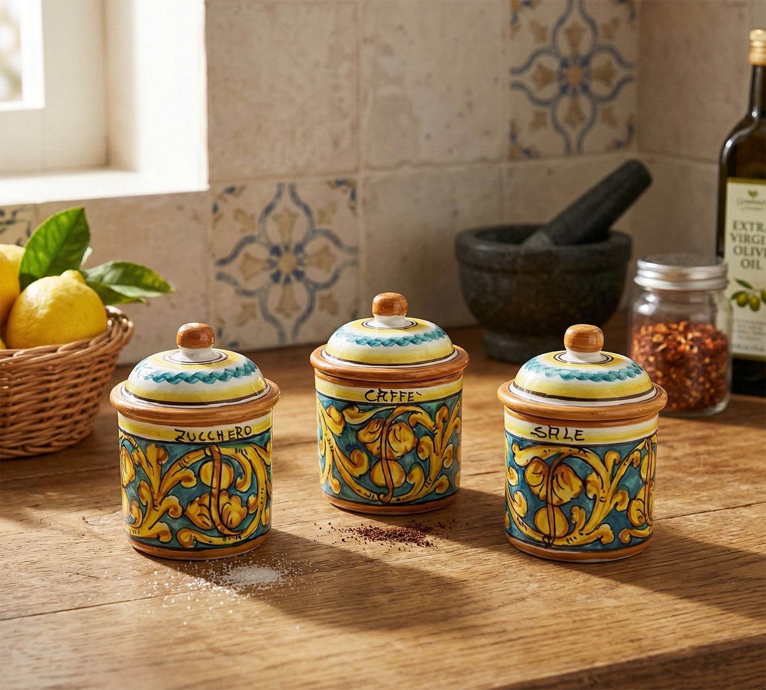Set of 3 jars of salt, sugar and coffee in ceramic decorated by hand by Sicilian ceramists Gianluca Art 8