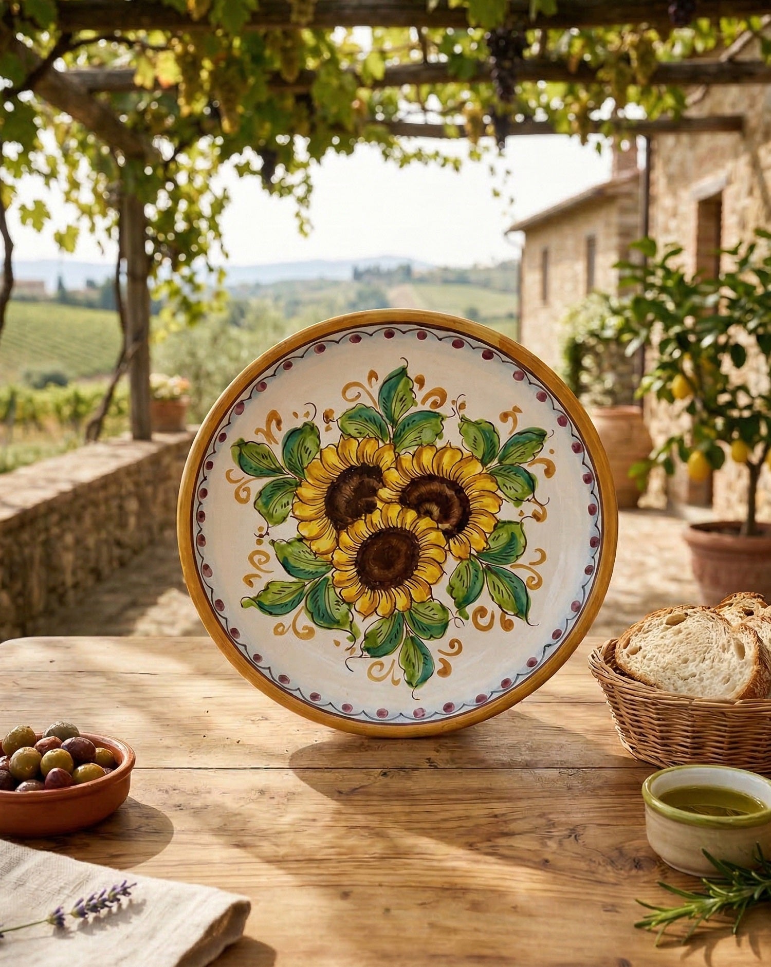 Medium ceramic plate hand decorated by Sicilian ceramists sunflower art 13