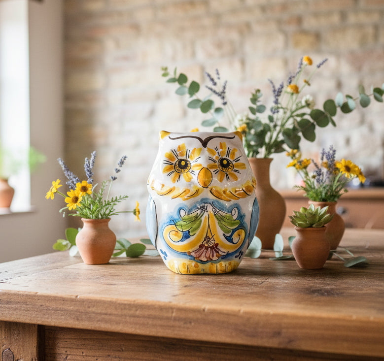 Sicilian ceramic owl from Caltagirone made and decorated by hand 