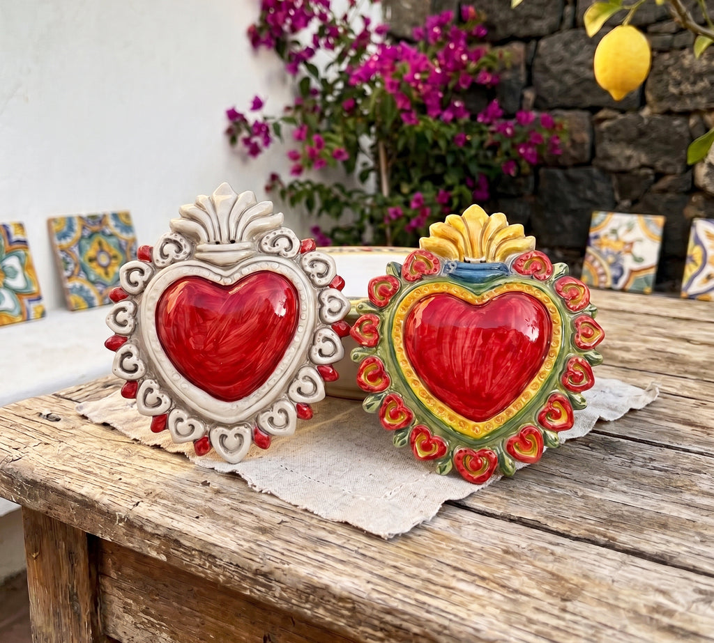 Large hand-crafted Sicilian ceramic Sacred Heart from Caltagirone