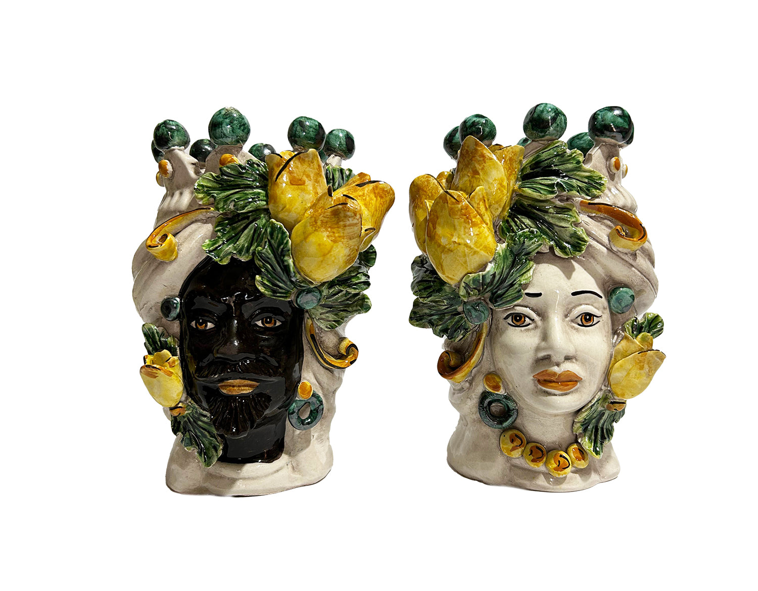 Pair of Sicilian ceramic Moor's heads from Caltagirone h 20 cm art. yellow tulips 