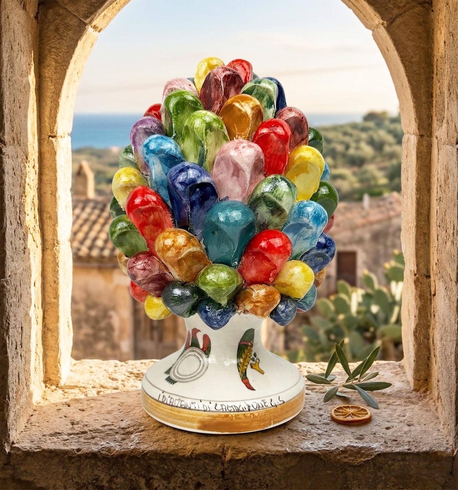 Pigna in ceramica siciliana di Caltagirone dipinta e decorata a mano multicolore carte siciliane H20