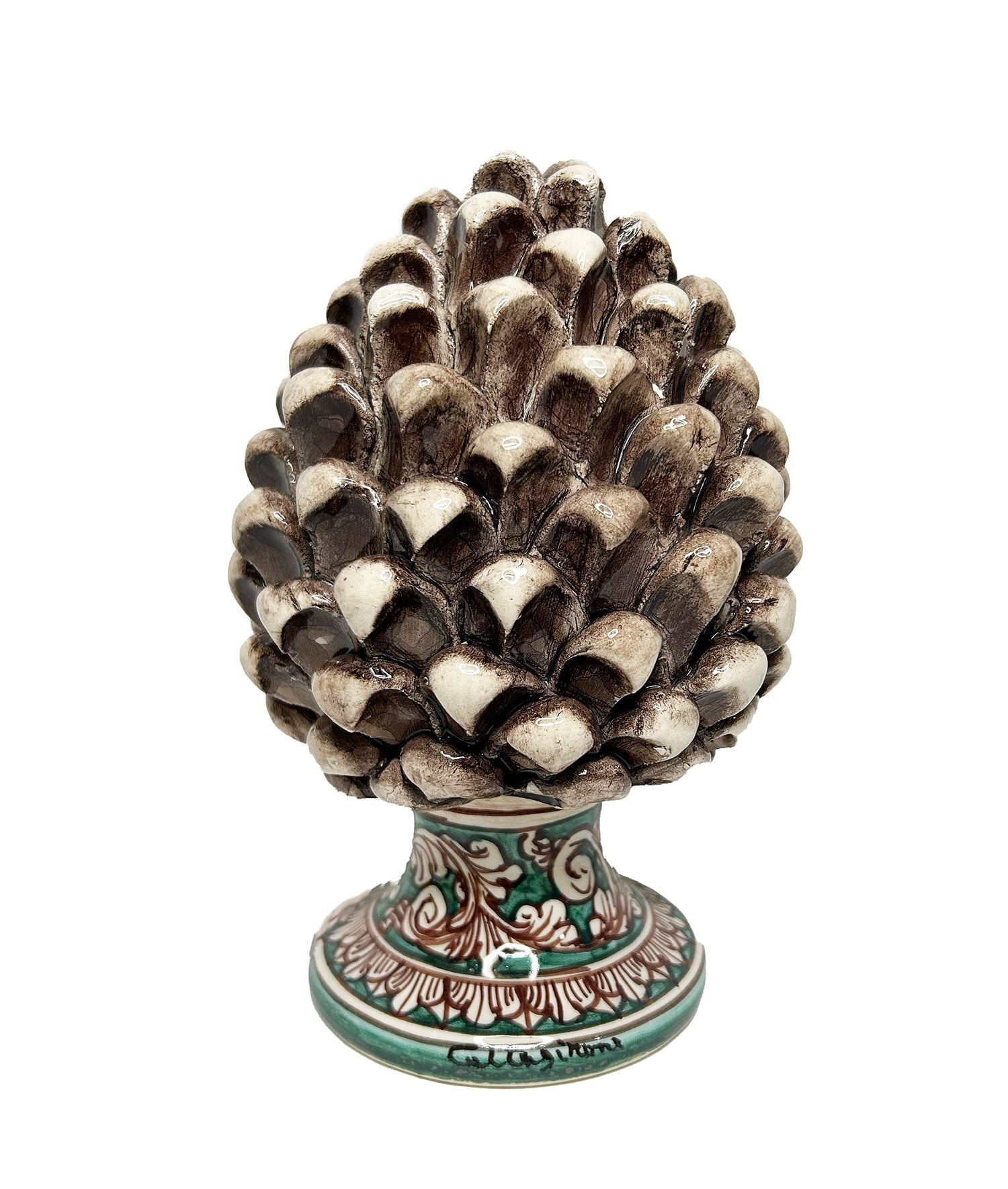 Pigna decorativa in ceramica di Caltagirone dipinta e decorata a mano fumè H 21 cm