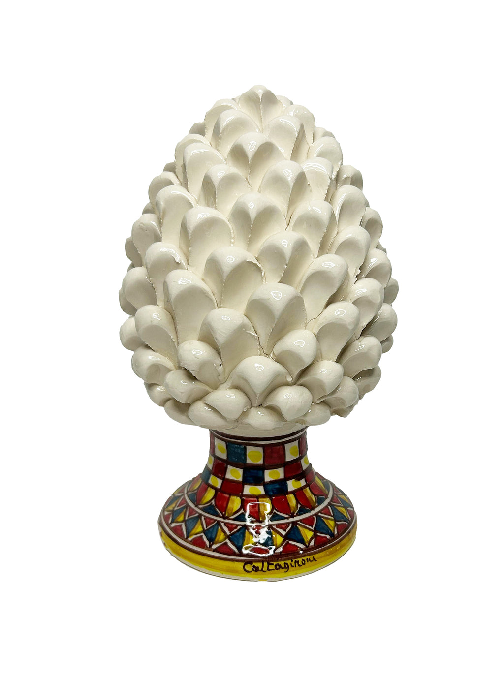 Pigna decorativa in ceramica di Caltagirone dipinta e decorata a mano bianca dec H 25 cm